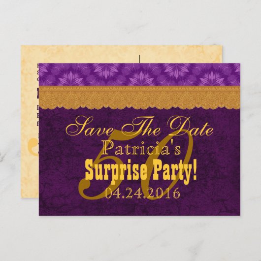 第50回サプライズ誕生日保存日付パープルv6 案内ポストカード (正面/裏面)