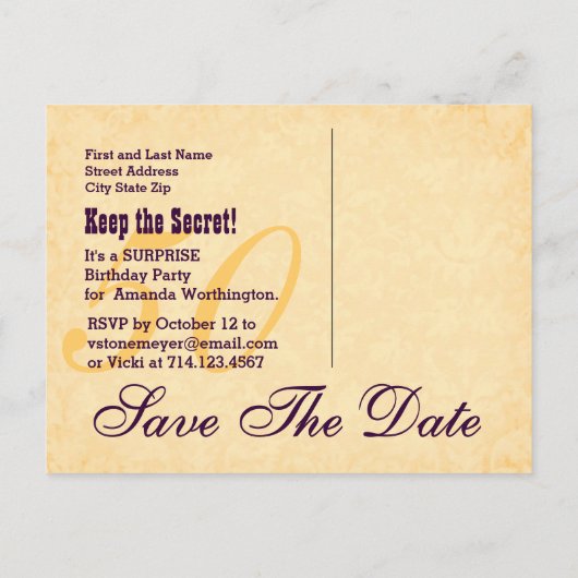 第50回サプライズ誕生日保存日付パープルv6 案内ポストカード (裏面)