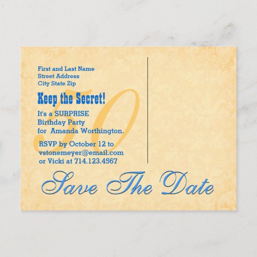 第50回サプライズ誕生日日付を保存する青金ゴールドV1B 案内ポストカード (裏面)