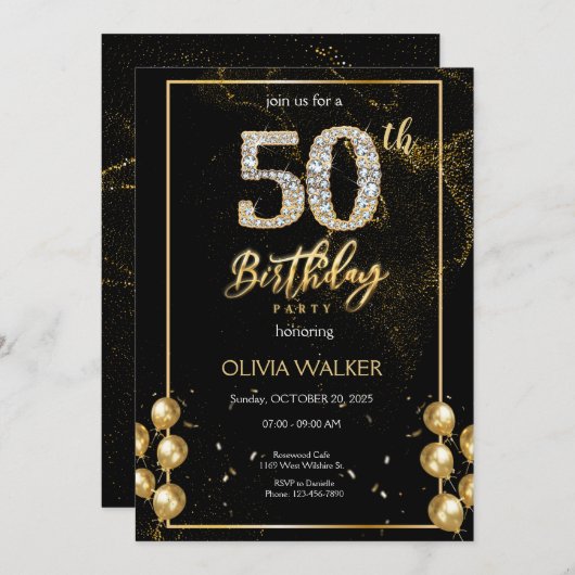 第50回ダイヤモンドブラック&金ゴールド誕生日 招待状 (正面/裏面)