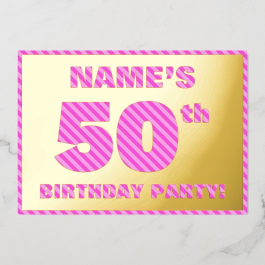 第50回バースデーはっきりしたタ・パーティー – おもしろい・ピンクストライプ・# 50 箔招待状 (正面)
