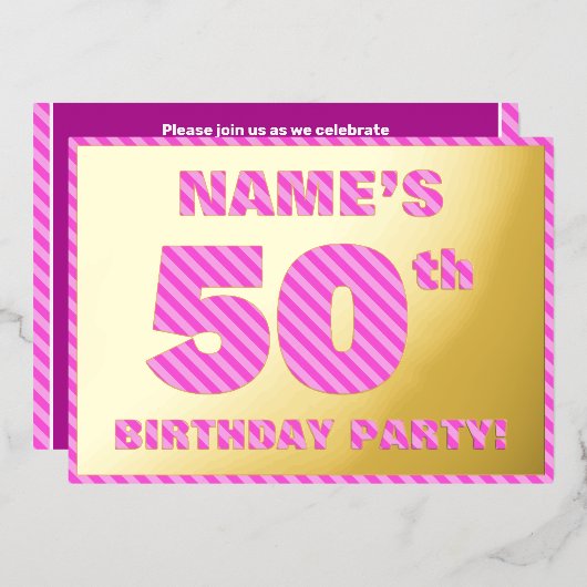 第50回バースデーはっきりしたタ・パーティー – おもしろい・ピンクストライプ・# 50 箔招待状 (正面/裏面)