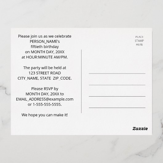 第50回バースデーはっきりしたトカラフル: Fireworks Look 箔招待状ポストカード (裏面)