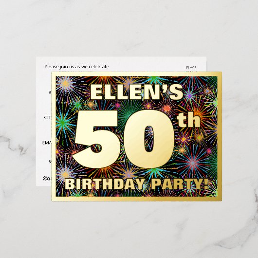 第50回バースデーはっきりしたトカラフル: Fireworks Look 箔招待状ポストカード (正面/裏面)