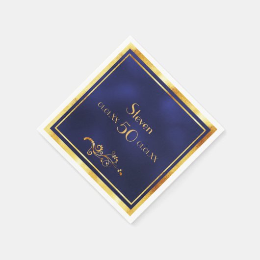 第50回バースデーパエレガントーティー青と金ゴールド スタンダードカクテルナプキン (角)