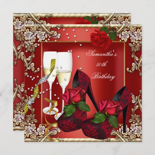 第50回バースデーパーティレッドローズ金ゴールドフローラ 招待状 (正面/裏面)
