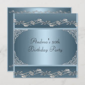 第50回バースデーパーティーかわいらしブルーシルバーフローラ2 招待状 (正面/裏面)