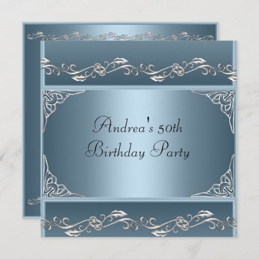 第50回バースデーパーティーかわいらしブルーシルバーフローラ2 招待状 (正面/裏面)