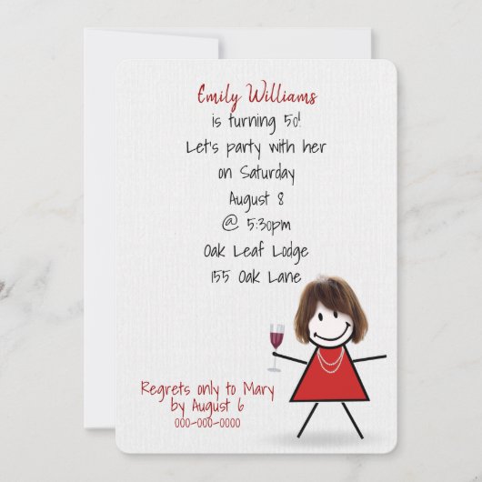 第50回バースデーパーティーの女の子（ワインを飲む） 招待状 (正面)