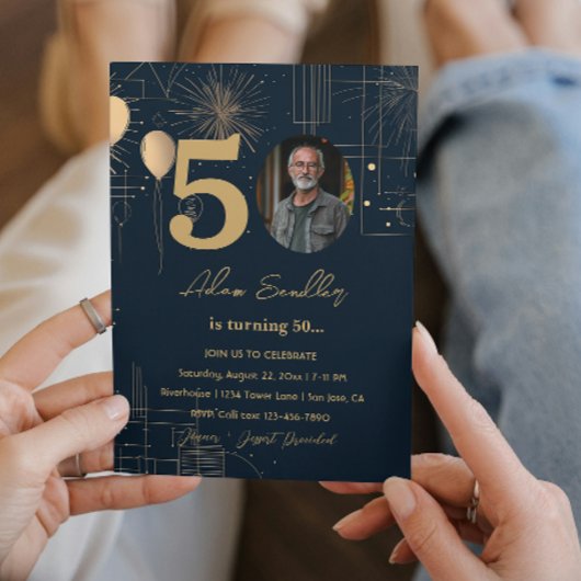 第50回バースデーパーティーの風船と花火 招待状