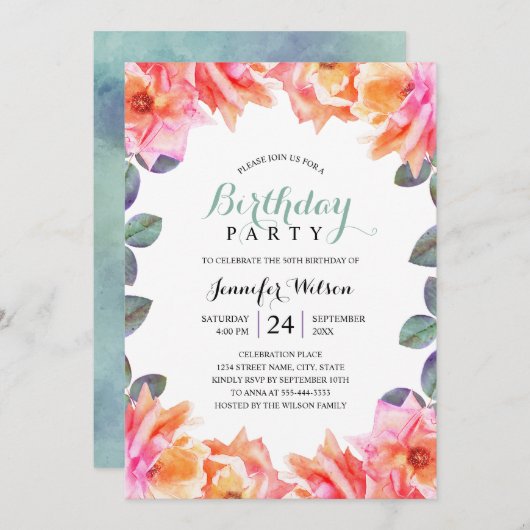 第50回バースデーパーティーエレガントアダルトウォーターバラ 招待状 (正面/裏面)