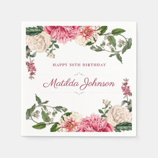 第50回バースデーパーティーエレガントフローラカスタム スタンダードカクテルナプキン (正面)
