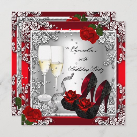 第50回バースデーパーティーエレガントレッドローズシルバー 招待状 (正面/裏面)