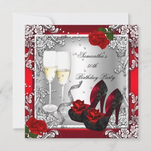 第50回バースデーパーティーエレガントレッドローズシルバー 招待状 (正面)