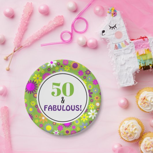 第50回バースデーパーティーグリーンパープルフローラ ペーパープレート (パーティー)