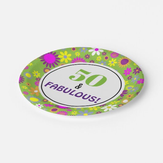 第50回バースデーパーティーグリーンパープルフローラ ペーパープレート (アングル)