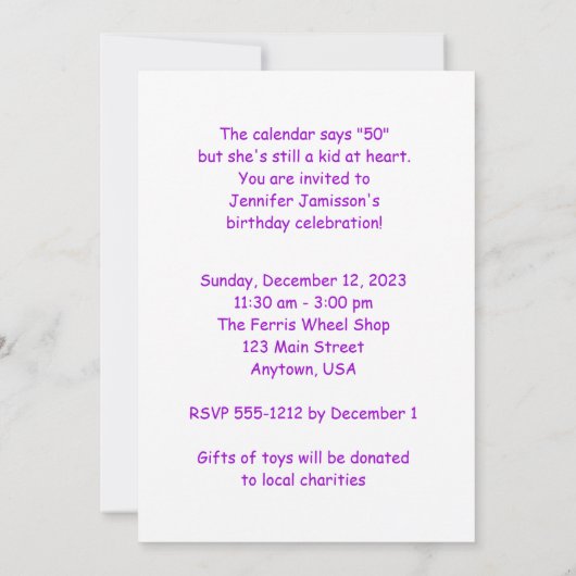 第50回バースデーパーティーパープルぬくり人形たち年長 招待状 (裏面)