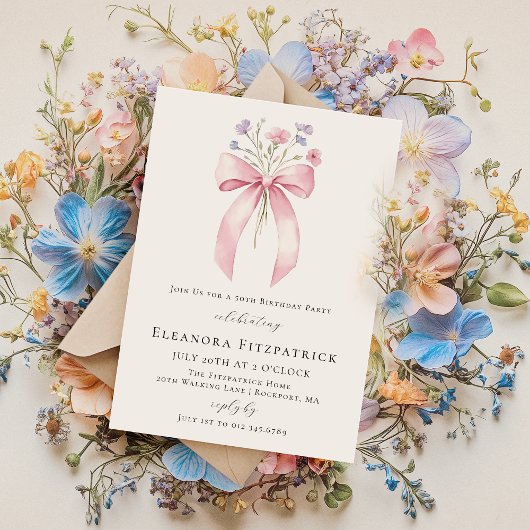 第50回バースデーパーティーピンクコケットボウワイルドフラワー 招待状