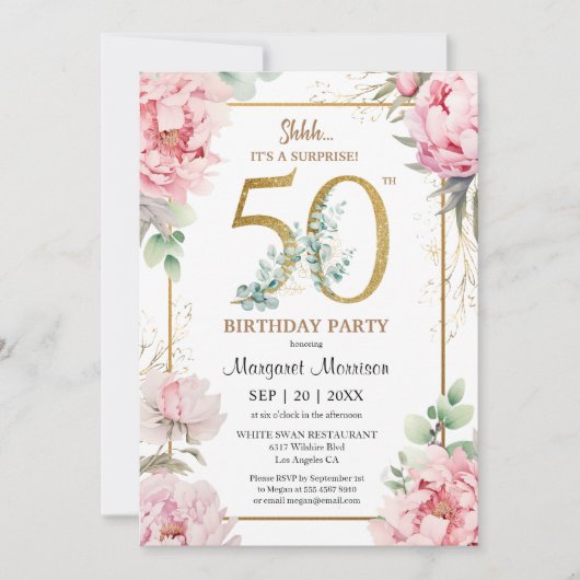 第50回バースデーパーティーピンク牡丹エレガントフローラ 招待状 (正面)