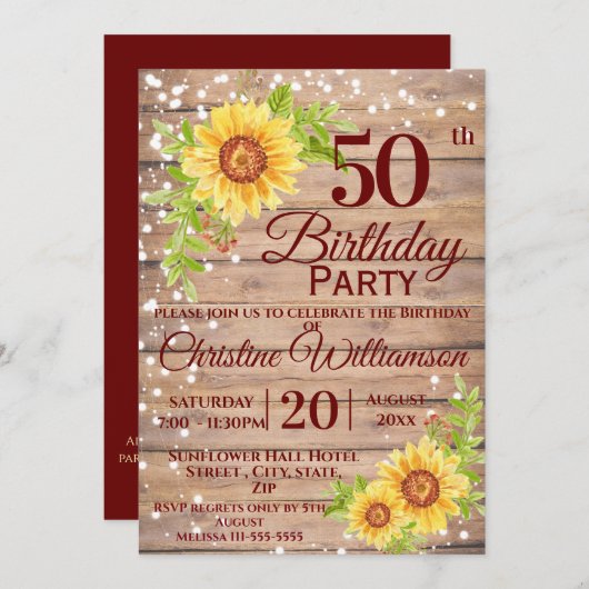 第50回バースデーパーティーフローラ素朴ひまわり 招待状 (正面/裏面)