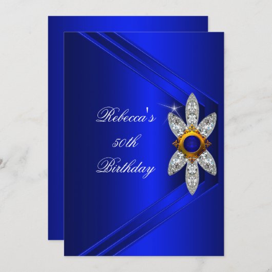 第50回バースデーパーティーブルー王室のダイヤモンド画像 招待状 (正面/裏面)