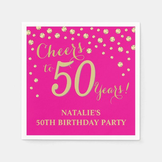 第50回バースデーパーティーホットピンクと金ゴールドダイヤモンド スタンダードカクテルナプキン (正面)