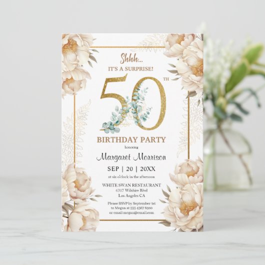 第50回バースデーパーティーホワイトエレガント牡丹フローラ 招待状 (スタンド正面)