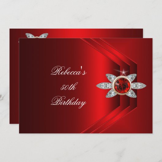 第50回バースデーパーティーリッチレッドシルクダイヤモンドイメージ 招待状 (正面/裏面)