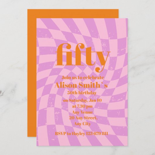 第50回バースデーパーティーレトロチェックミニマリスト 招待状 (正面/裏面)