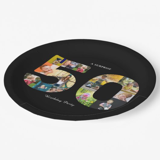 第50回バースデーパーティー写真コラージュ白黒 ペーパープレート (アングル)