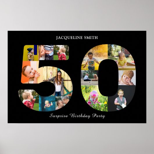 第50回バースデーパーティー写真コラージュ白黒 ポスター (正面)