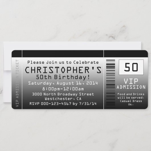 第50回バースデーパーティー招待白黒チケット 招待状 (正面)
