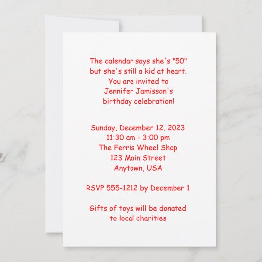 第50回バースデーパーティー赤いぼろの人形の名前、 招待状 (裏面)