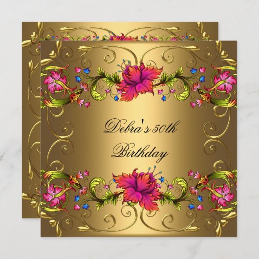 第50回バースデーパーティー赤い黒い金ゴールドピンクの花 招待状 (正面/裏面)