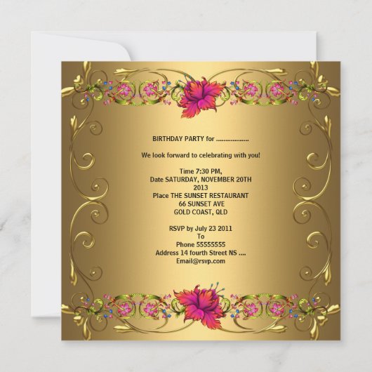 第50回バースデーパーティー赤い黒い金ゴールドピンクの花 招待状 (裏面)