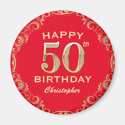 第50回バースデーパーティー赤と金ゴールドグリッター枠 マグネット (正面)