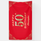 第50回バースデーパーティー赤と金ゴールドグリッター枠 横断幕 (縦)