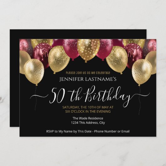 第50回バースデーパーティー赤と金ゴールド 招待状 (正面/裏面)