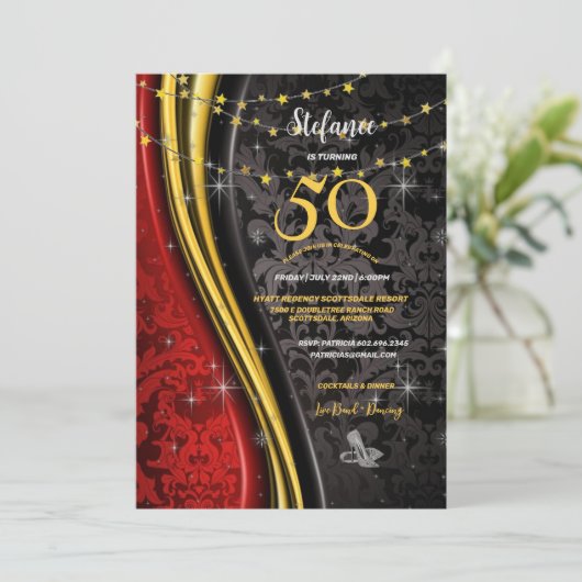 第50回バースデーパーティー赤、金ゴールド、黒の渦巻き 招待状 (スタンド正面)
