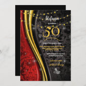 第50回バースデーパーティー赤、金ゴールド、黒の渦巻き 招待状 (正面/裏面)