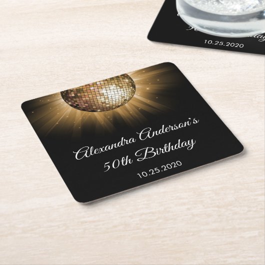 第50回バースデーパーティー金ゴールドディスコボール スクエアペーパーコースター (アングル)