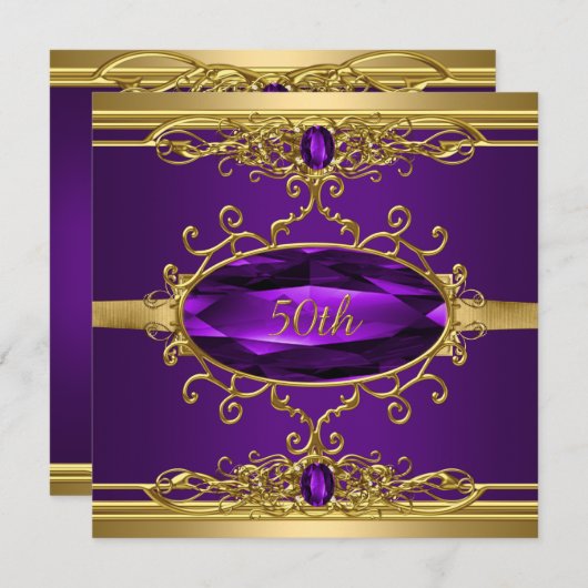 第50回バースデーパーティー金ゴールドパープルダイヤモンド 招待状 (正面/裏面)