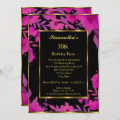 第50回バースデーパーティー金ゴールドピンクフラワーフローラ 招待状 (正面/裏面)