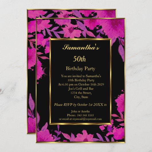 第50回バースデーパーティー金ゴールドピンクフラワーフローラ 招待状 (正面/裏面)