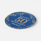 第50回バースデーパーティー青と金ゴールドグリッター枠 ペーパープレート (アングル)