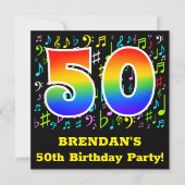 第50回バースデーパーティー:おもしろいミュージックシンボルRainbow 50 招待状 (正面)