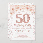 第50回バースデーパーティー – ホワイトローズ金ゴールド 招待状 (正面/裏面)