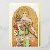 第50回バースデーパーティー,春女神,ヴィンテージアート 箔招待状 (正面)
