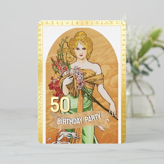 第50回バースデーパーティー,春女神,ヴィンテージアート 箔招待状 (立ち正面)