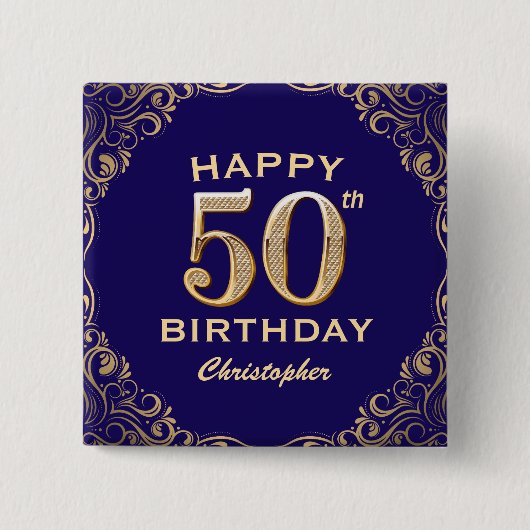 第50回バースデーパーティーNavy Blueと金ゴールドグリッター 缶バッジ (正面)